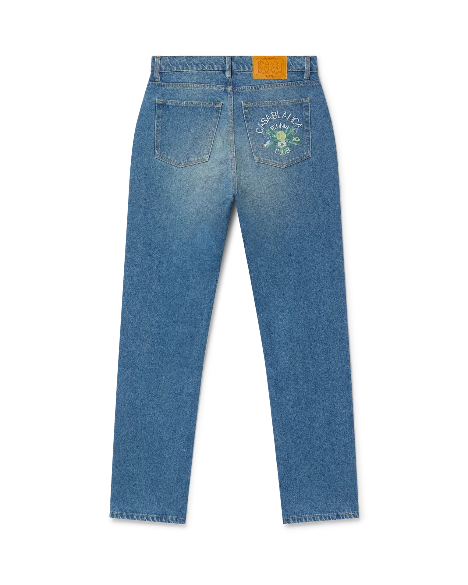 Back pocket design of Casablanca Tennis Club Jeans with embroidered tennis and architectural motif