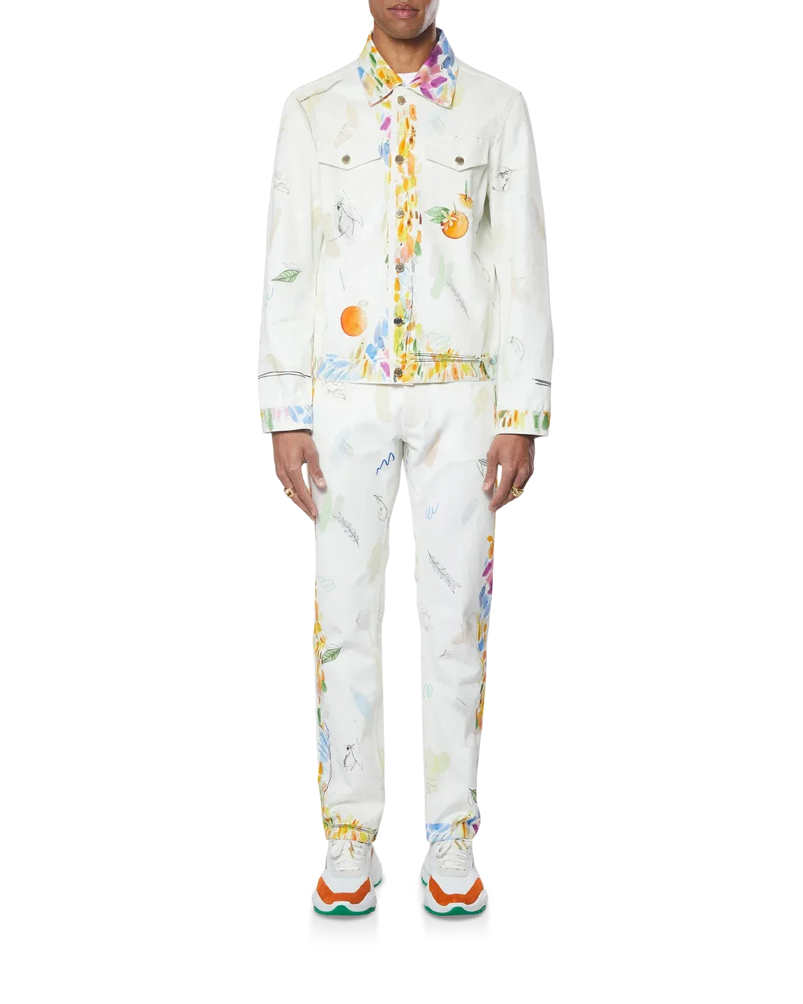 Model wearing Work In Progress Classic Denim Jacket styled in a casual outfit