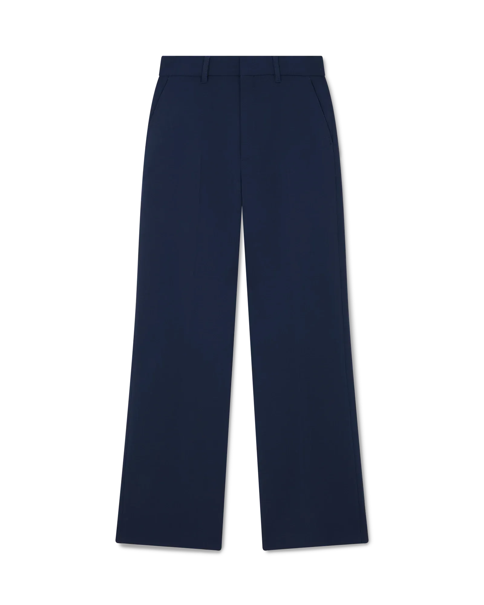 Front view of navy slim tailored wool-blend trousers with zip closure