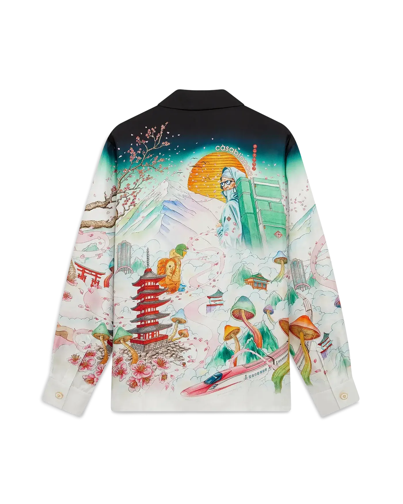 Back view of Casablanca Flowers Silk Twill Shirt featuring cherry blossoms and mountain artwork