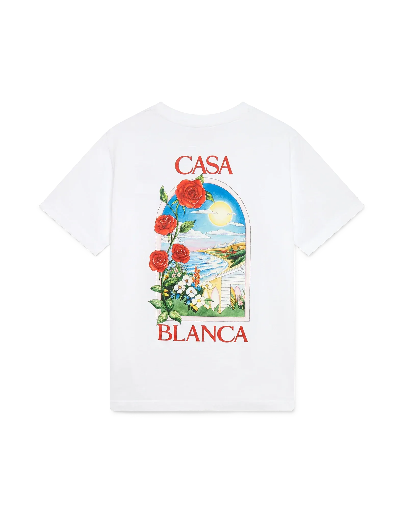 Front view of Casablanca LA Days Short Sleeve T-Shirt in white with Malibu-inspired artwork