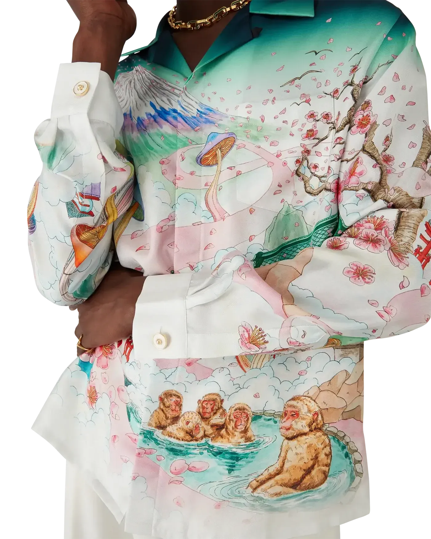 Front view of Casablanca Flowers Long Sleeve Silk Twill Shirt with Japanese-inspired floral print