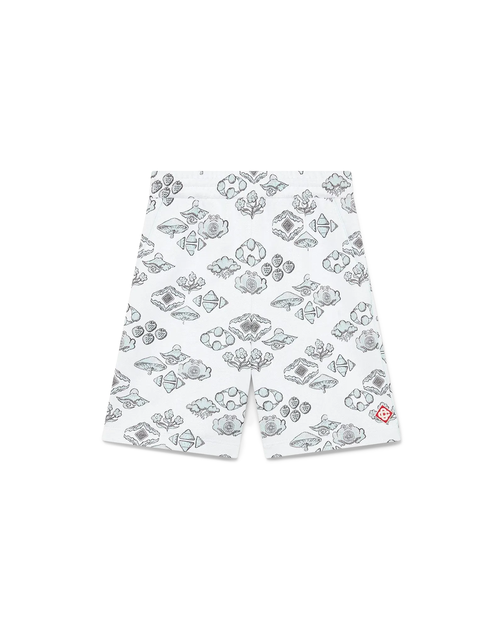 Alt Tag: Front view of off-white Jacquard Motif Track Shorts with diamond pattern and piping details