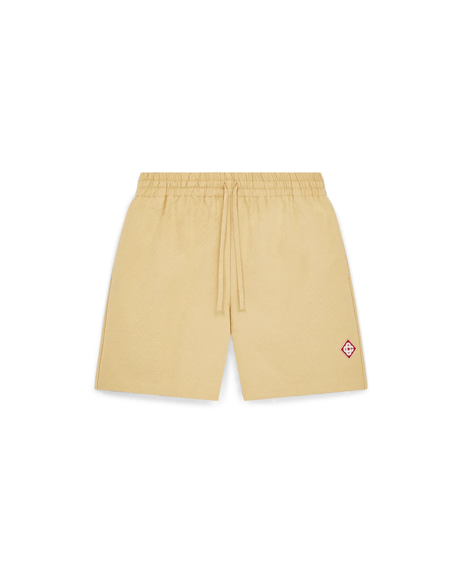 Front view of beige Cotton Monogram Jacquard Shorts with monogram pattern and elasticated waistband