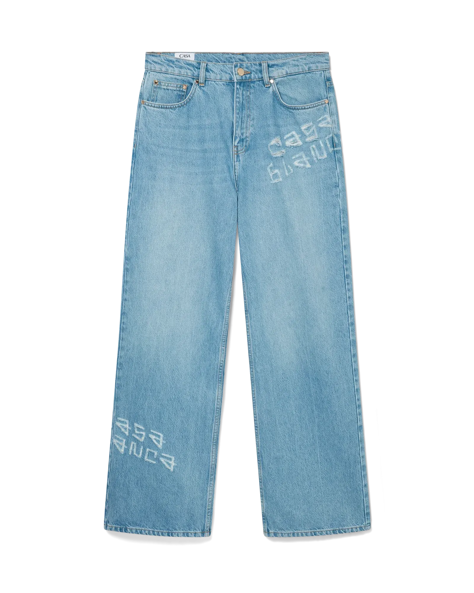 Front view of Light Blue Graffiti Distressed Denim Jeans with graffiti-style logo etching and straight-leg fit