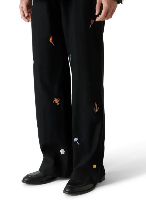 Embroidered Motif Wool Tailored Trousers