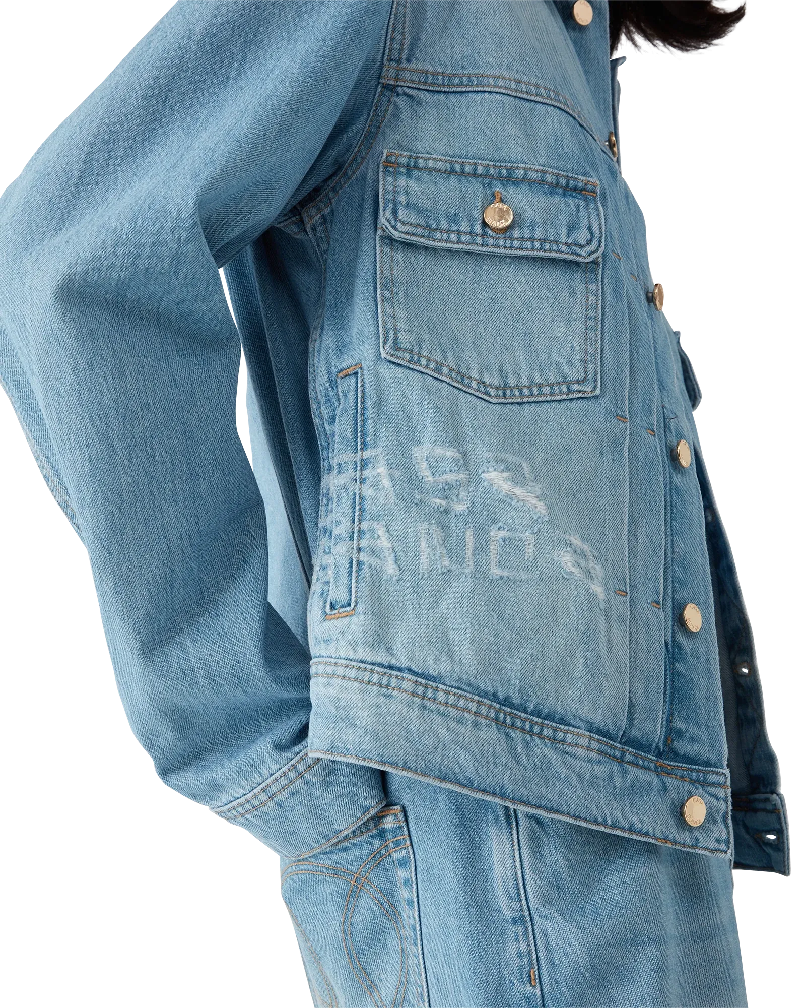 Back design of Graffiti Distressed Denim Jacket featuring vintage wash and branded leather patch