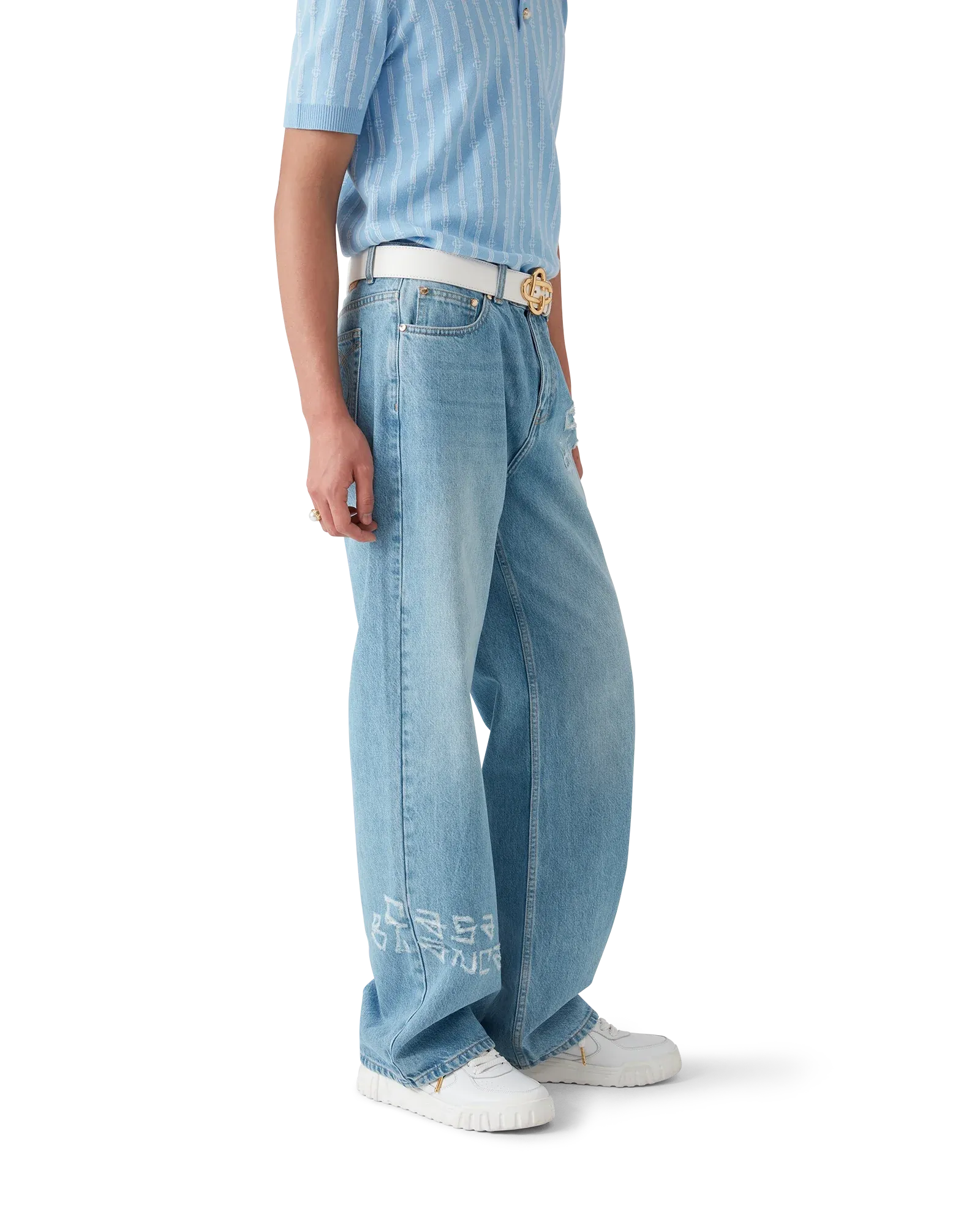 Light Blue Graffiti Distressed Denim Jeans - Image 3