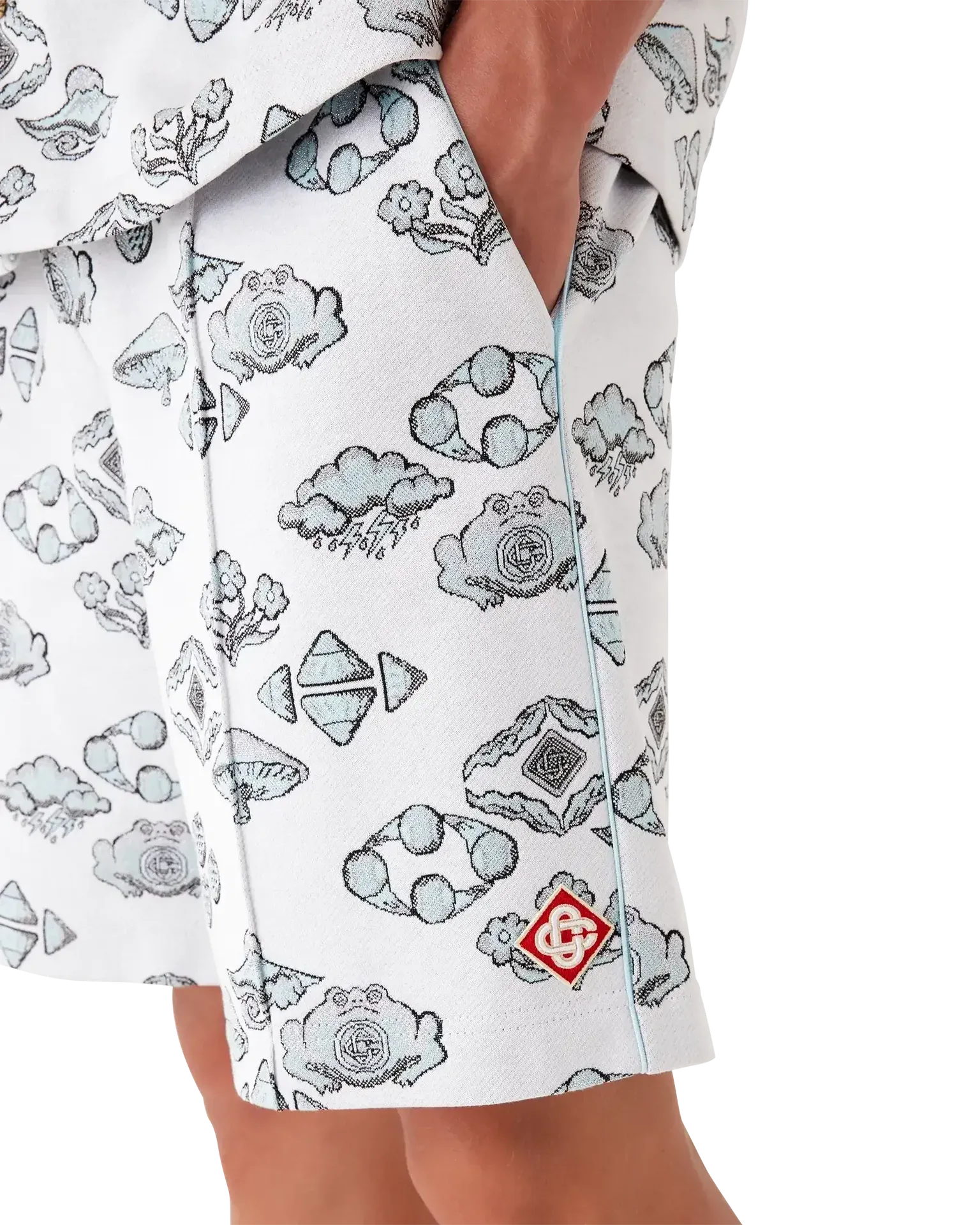 Close-up of elasticised waistband with drawstring fastening on Jacquard Motif Track Shorts