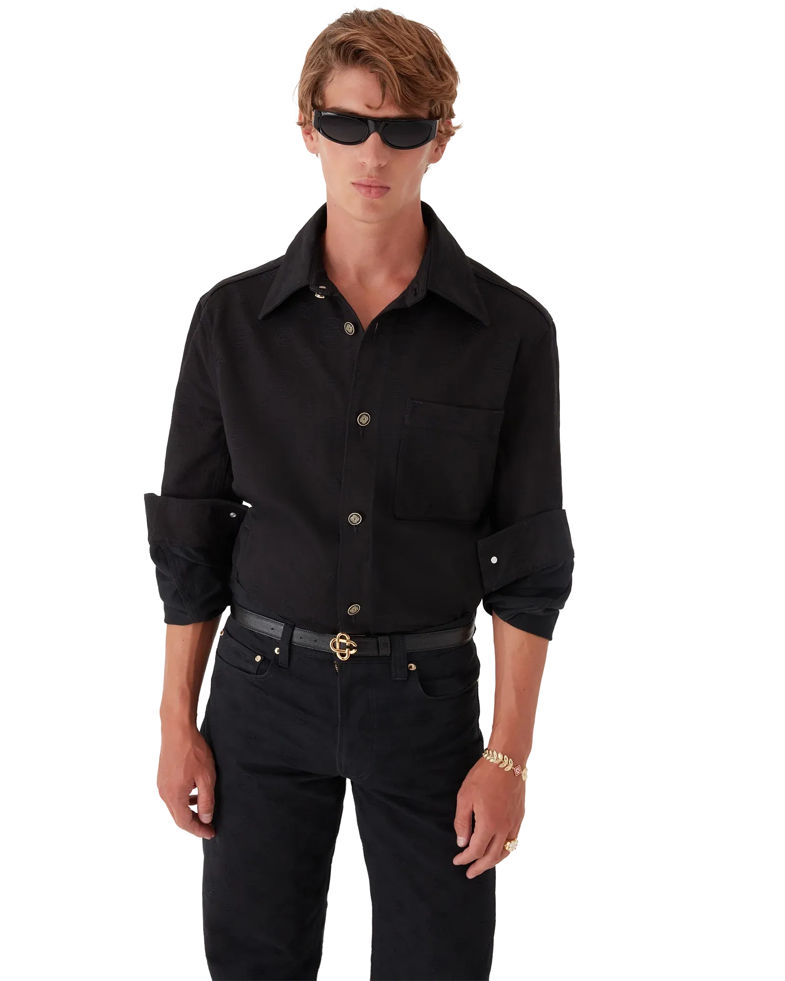 Model wearing the Black Monogram Denim Overshirt in black cotton denim with a relaxed layered fit