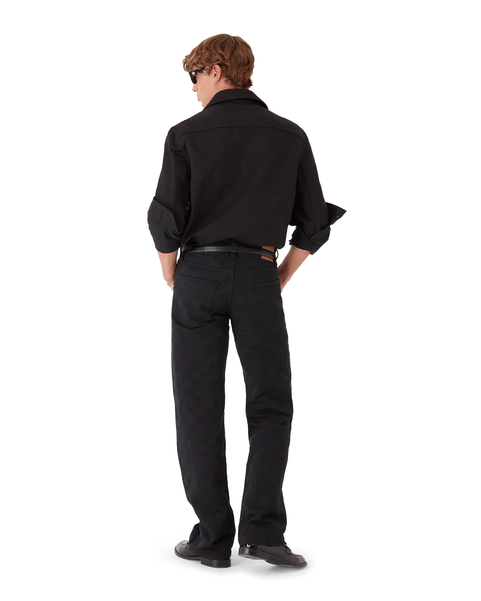 Back design of the Black Monogram Denim Overshirt featuring all-over