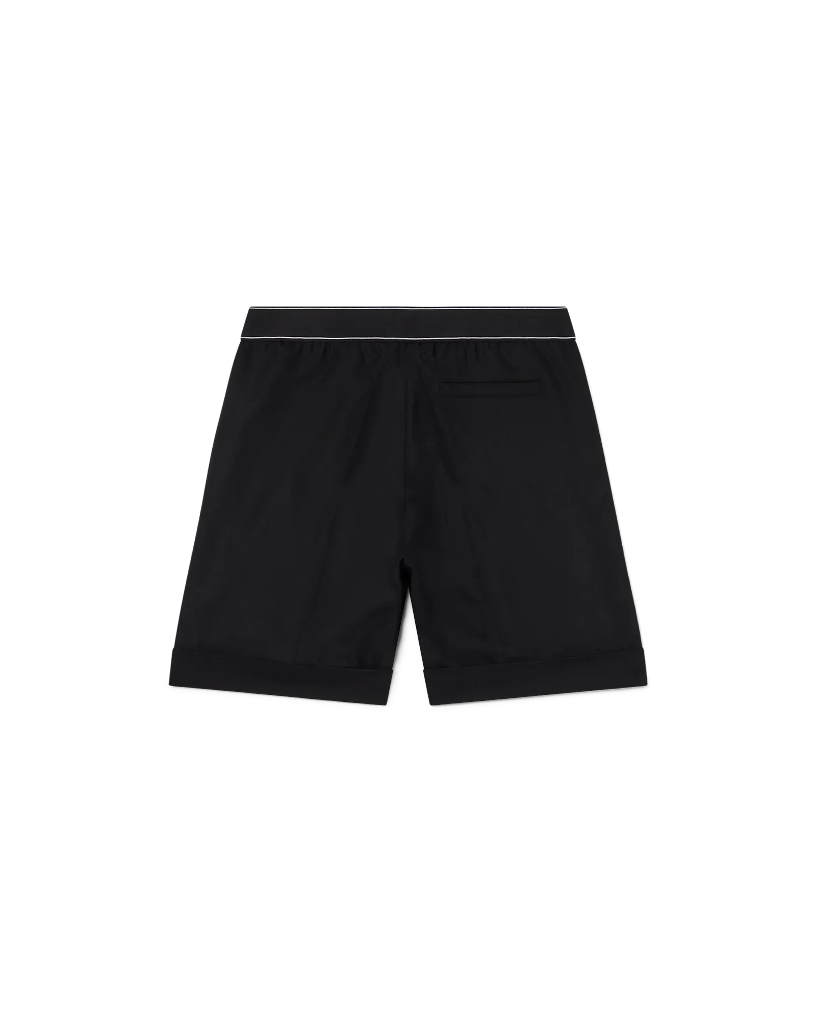 Back view of tailored sports shorts in black with welt pocket
