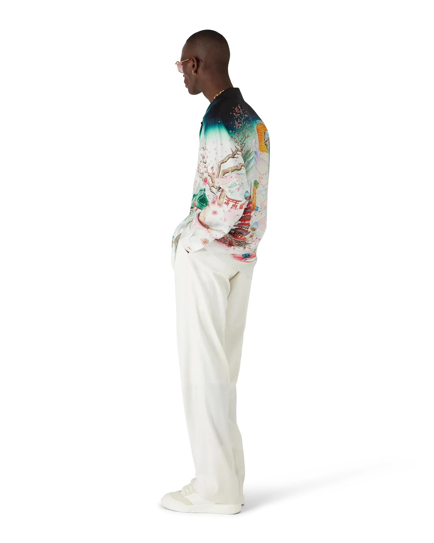 Model wearing Casablanca Flowers Long Sleeve Silk Twill Shirt in multicolour silk print