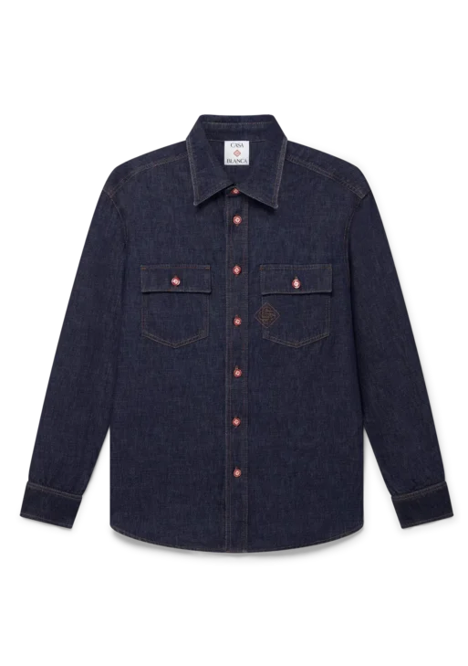 Indigo Denim Short Sleeve Shirt with Logo Embroidery