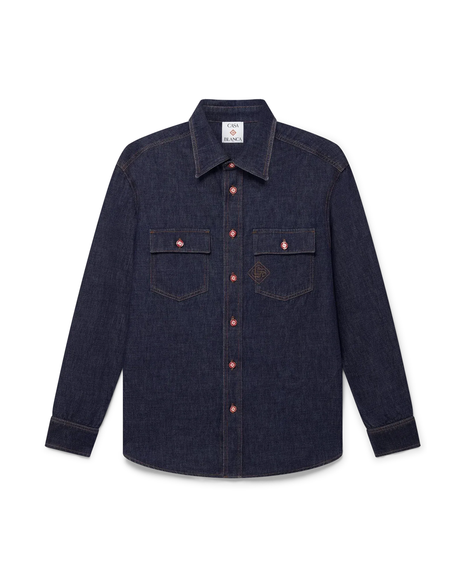 Indigo Denim Short Sleeve Shirt with Logo Embroidery