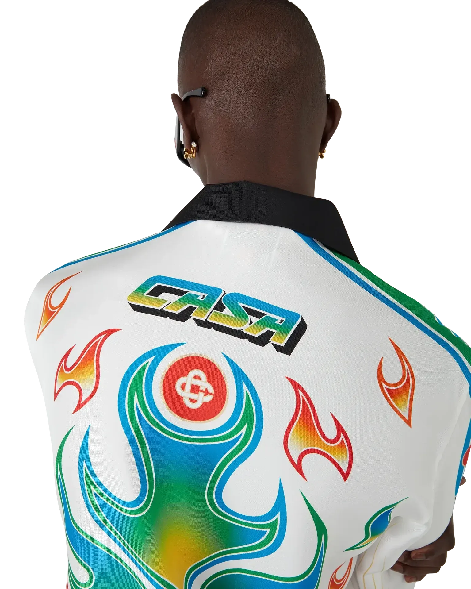 Back view of Flame Laurel Long Sleeve Silk Twill Shirt with contrast black collar and cuffs