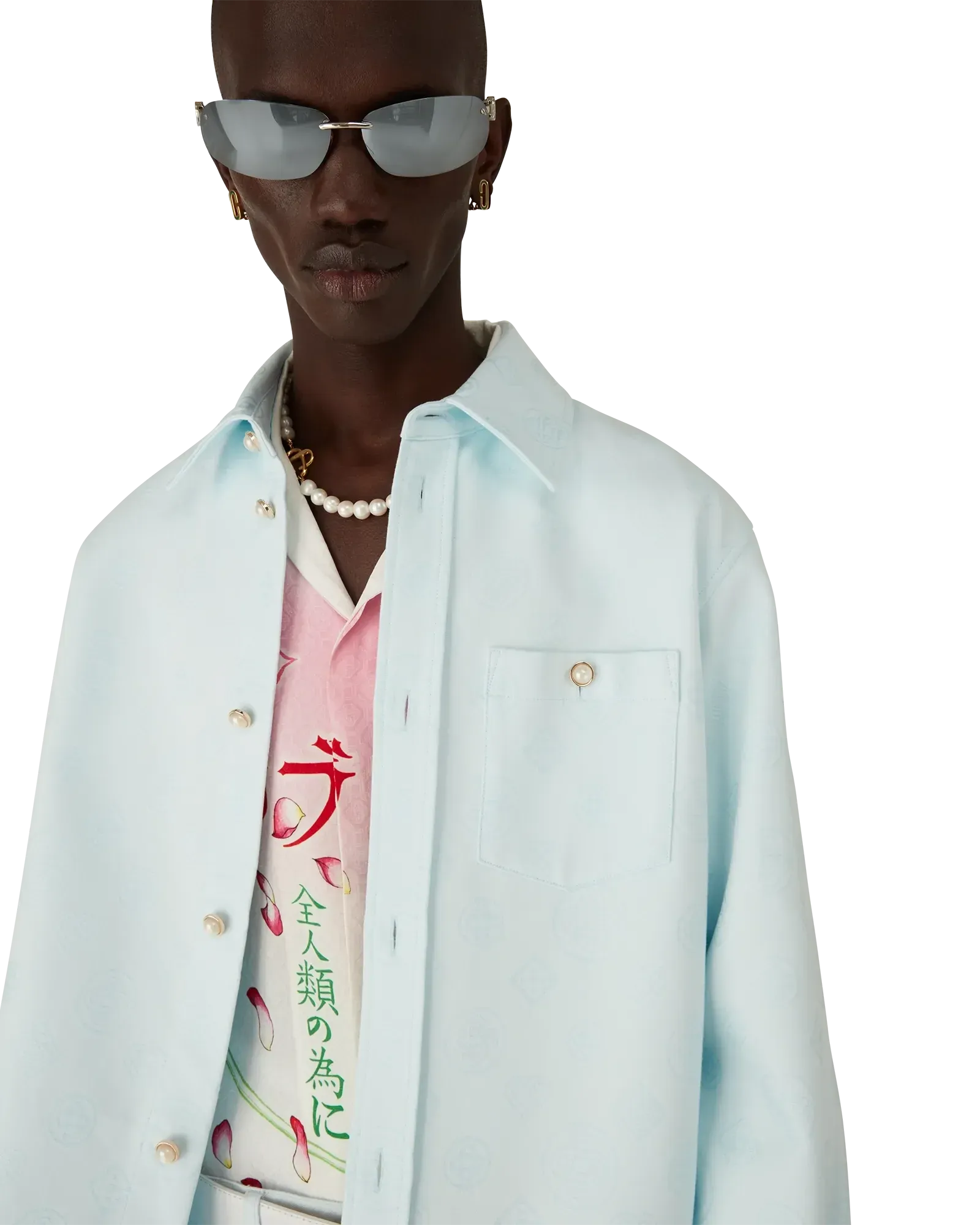 Close-up of point collar and gold-rim pearl buttons on Cotton Monogram Shirt