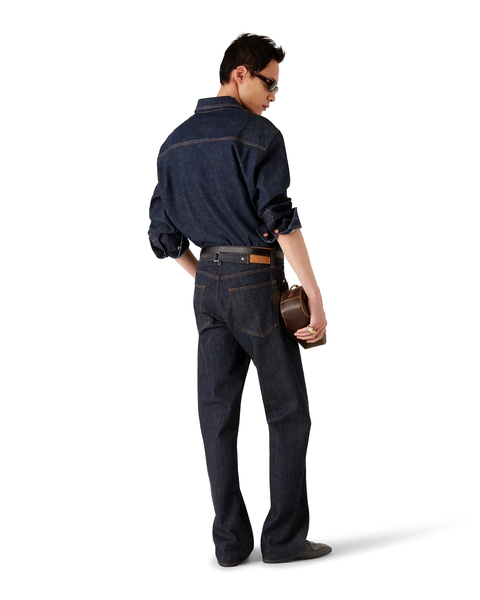 Back view of Indigo Denim Short Sleeve Shirt featuring box pleat for comfort and relaxed fit