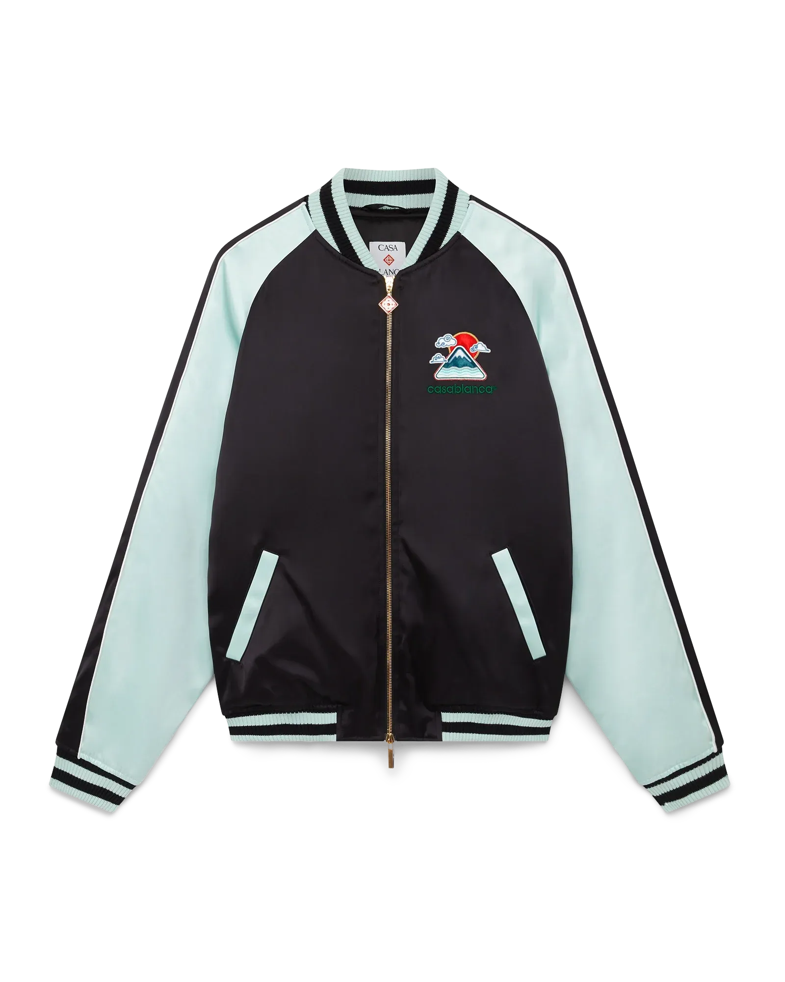 Front view of Casablanca Embroidered Satin Bomber Jacket in black mint satin with Japanese-inspired artwork
