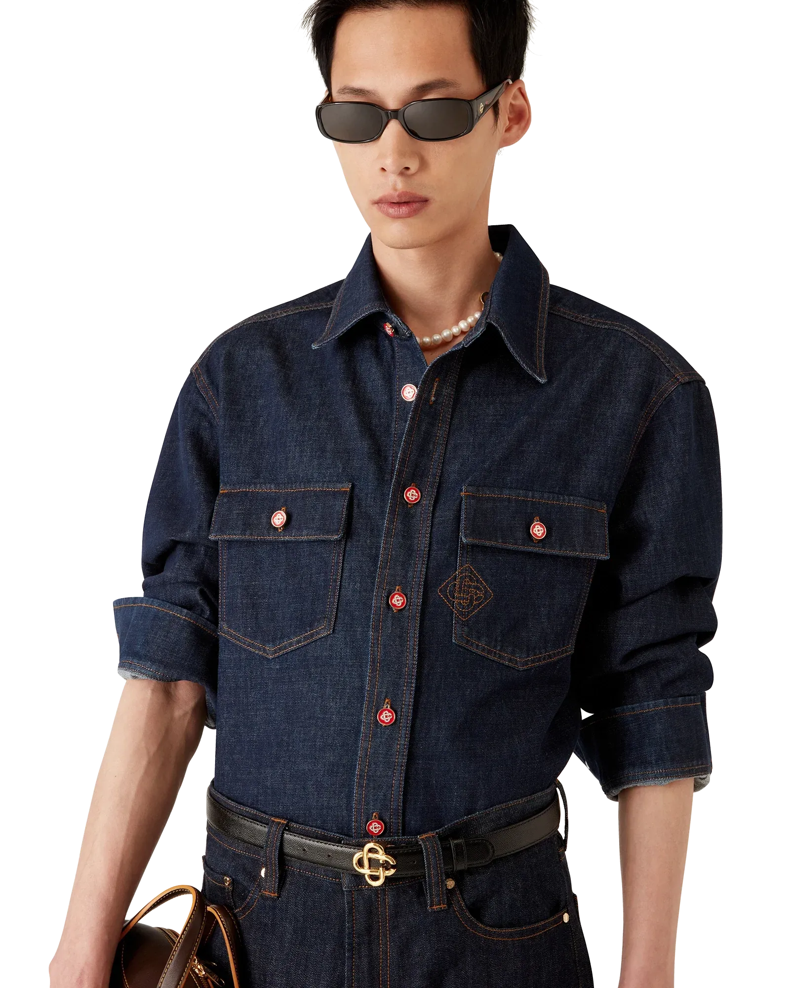 Model wearing Indigo Denim Short Sleeve Shirt in cotton with embroidered CC logo and relaxed short sleeve design