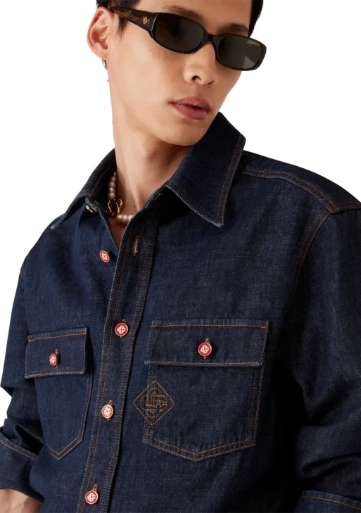 Indigo Denim Short Sleeve Shirt with Logo Embroidery