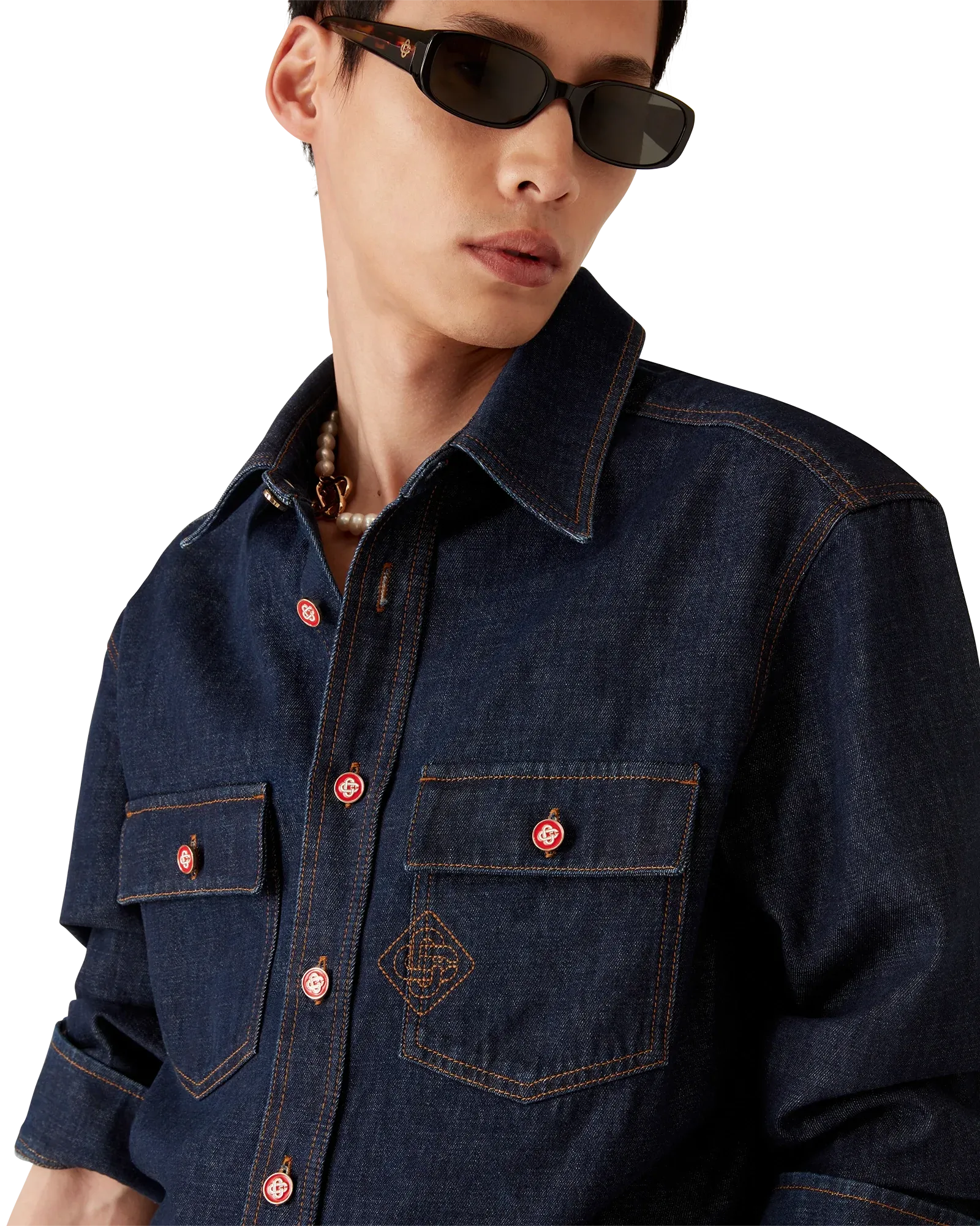 Indigo Denim Short Sleeve Shirt with Logo Embroidery - Image 1