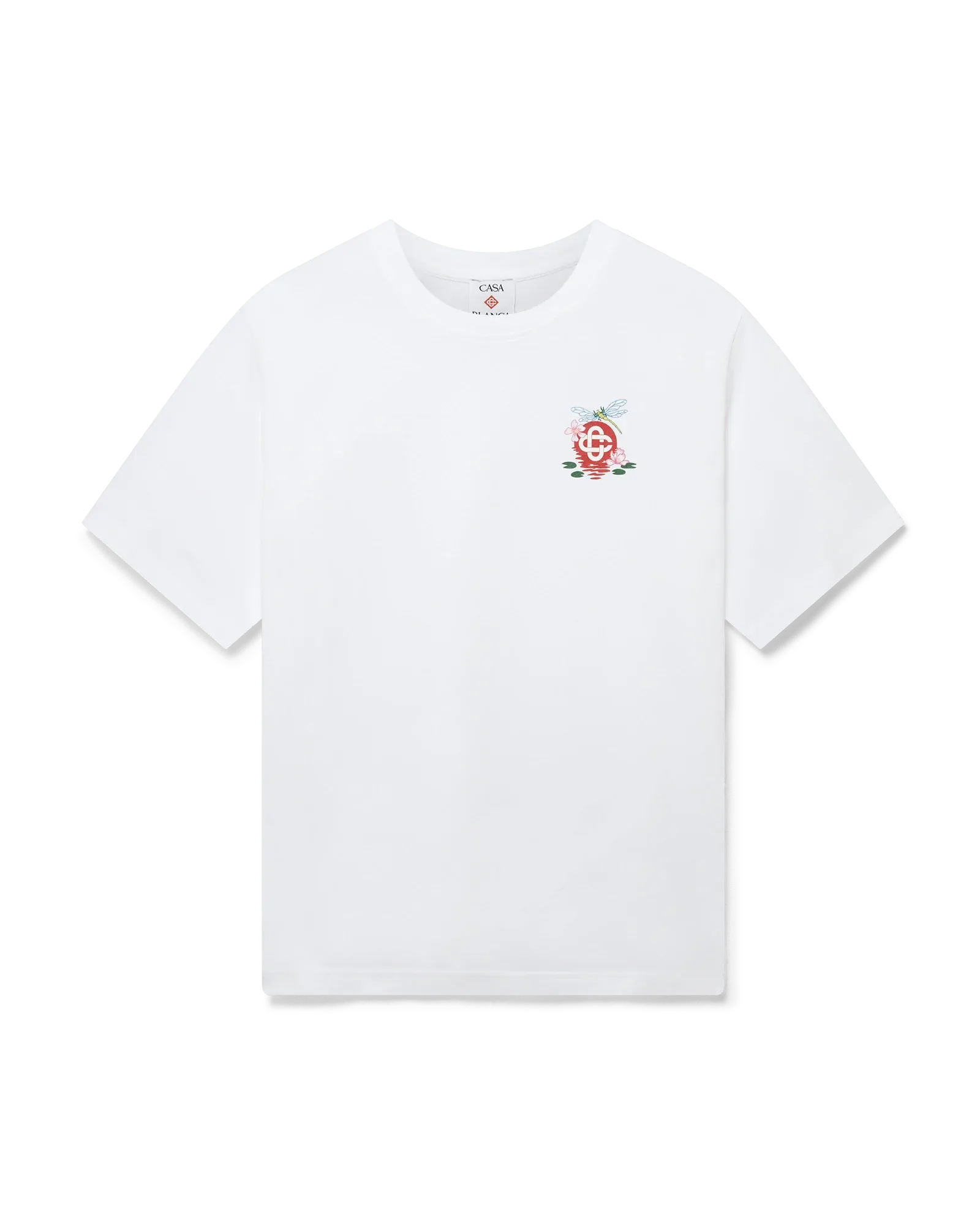 Front view of Casablanca Dragonfly Floral Oversized Short Sleeve T-Shirt in white with floral artwork