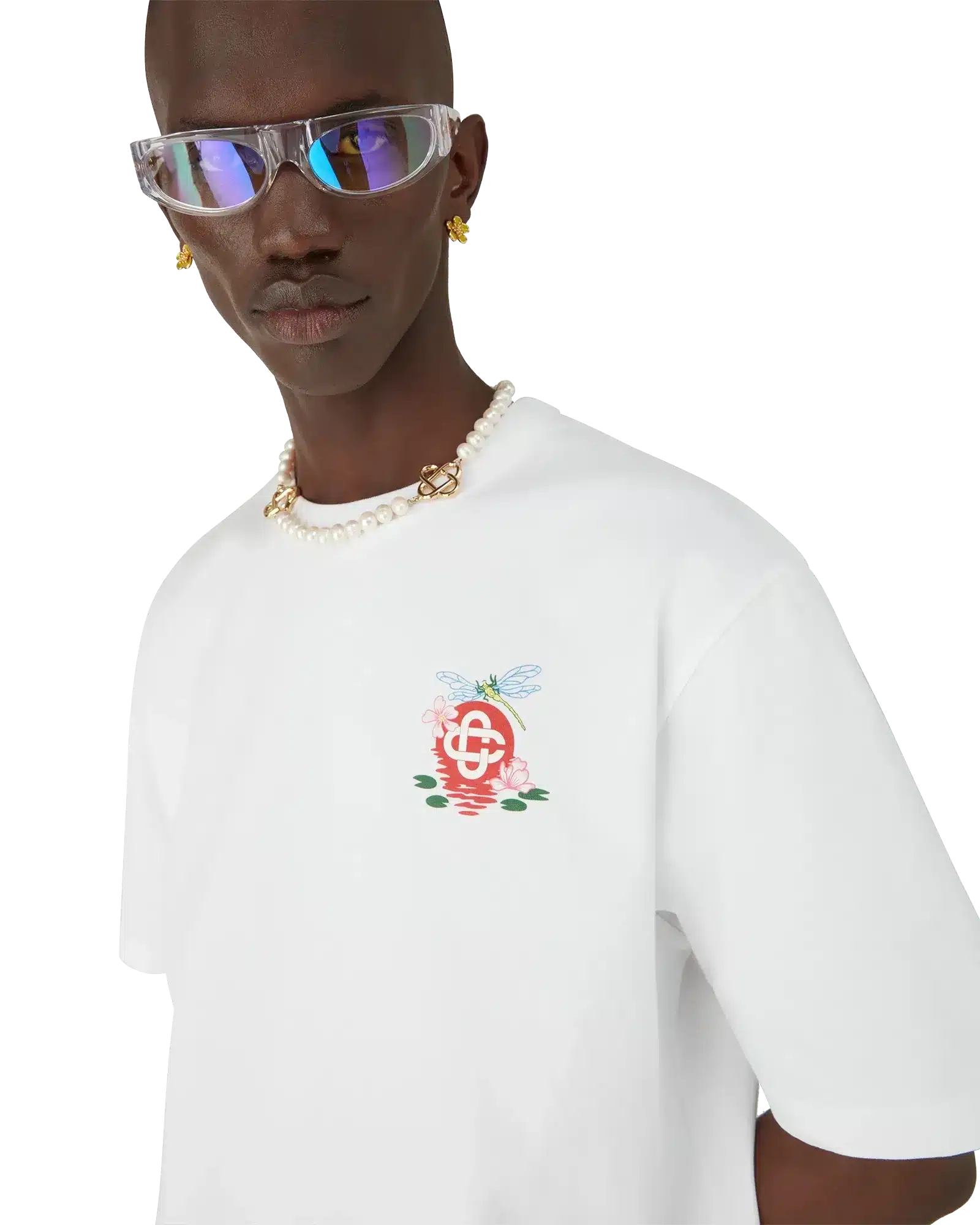 Close-up of dragonfly and floral screen print on Casablanca oversized t-shirt