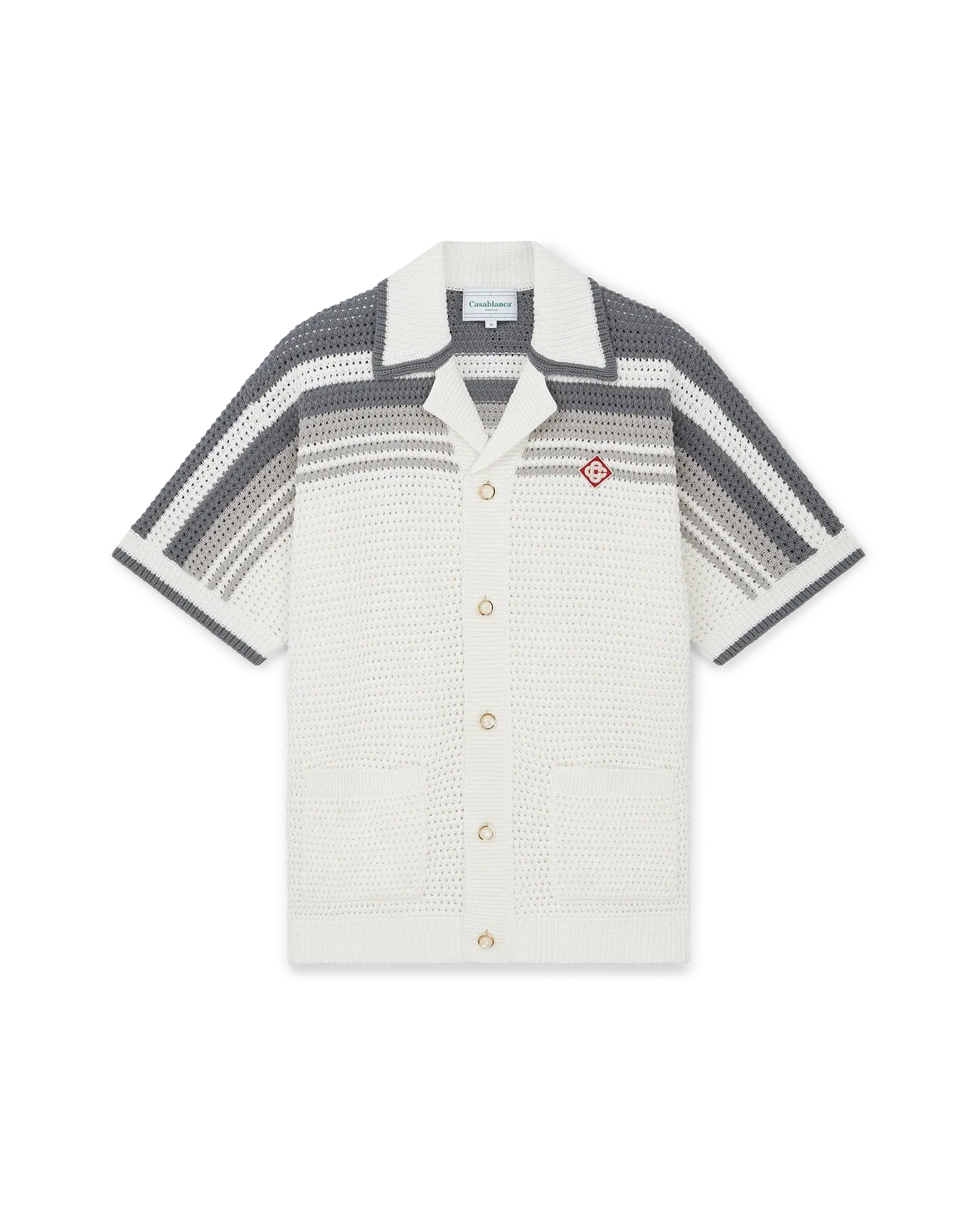 Front view of Tennis Crochet Shirt in cotton crochet with stripe details and pearl buttons