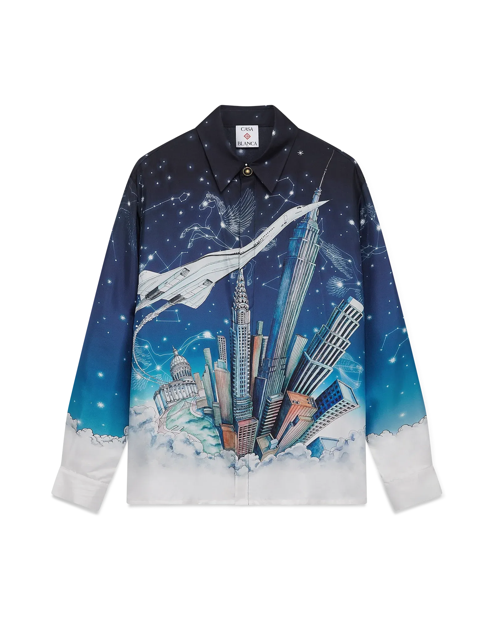Front view of Casablanca Vol De Nuit Long Sleeve Silk Shirt with surreal Paris-inspired print